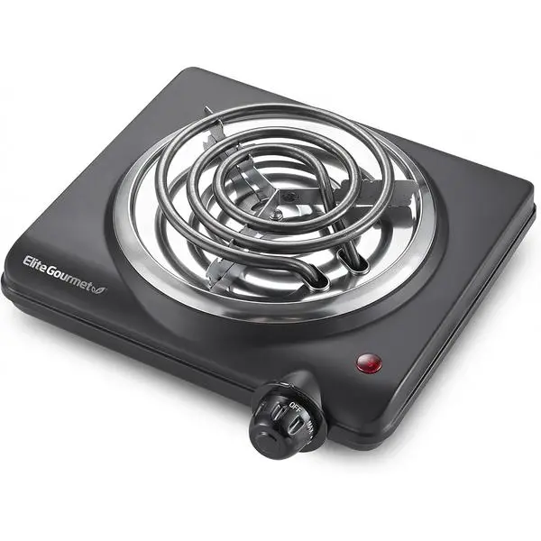 Elite Gourmet ESB100B Single Coiled Burner Hot Plate, Countertop, Black | Adjustable temperature control with indicator light, easy-to-clean design for quick, reliable electric cooking
