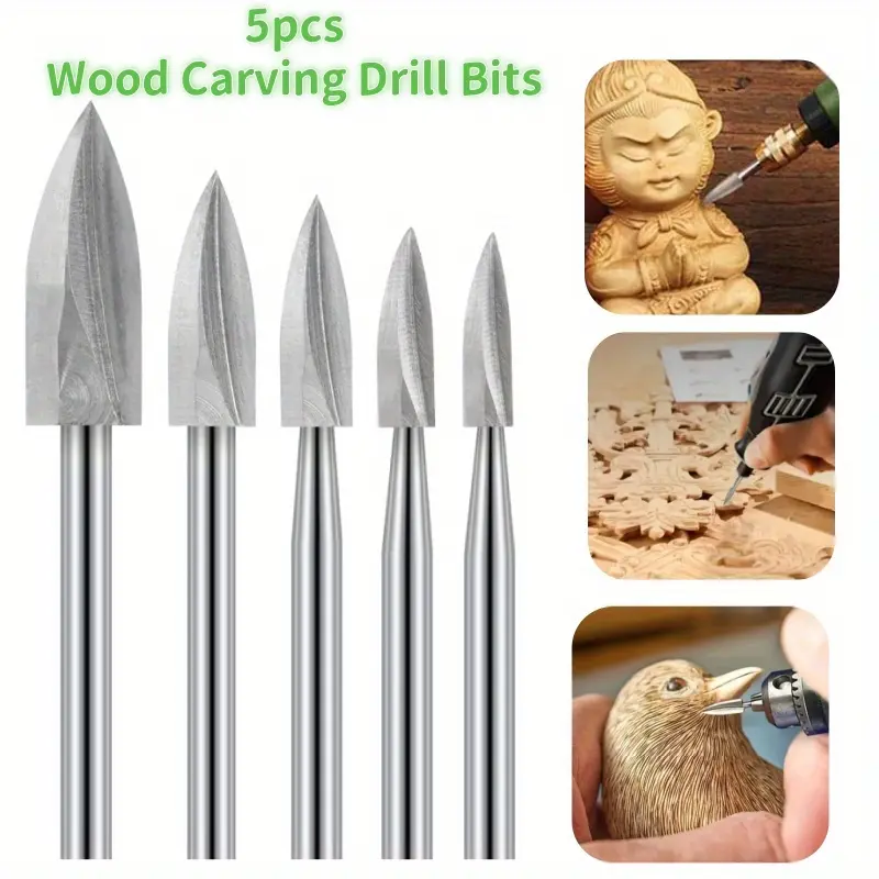 5 Pcs Wood Carving Tools Set - 1/8 in Shank Engraving Drill Bits with Precision Trident Design, Debris Ejection System for Wood Sculpting, Drilling, Smooth Finish Woodworking DIY Crafts (Universal Rotary Tool Accessories)