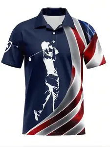 Men's Patriotic Golf Polo Shirt, Lightweight Polyester Fiber, Short Sleeve Button Front, Casual Fitted Design for Outdoor Sports & Leisure Wear