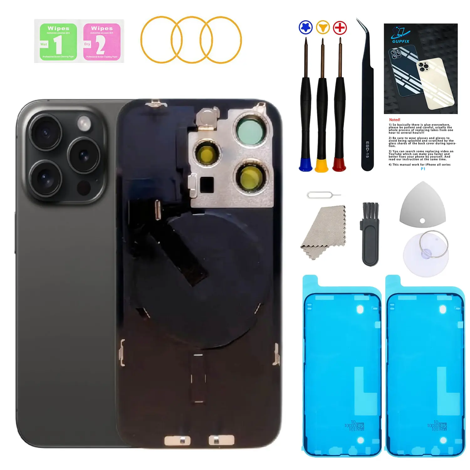 GUPFIX Back Glass Replacement for iPhone 15 Pro Max with Pre-Installed Adhesive & Repairing Tool Kits, Big Hole Rear Back Cover Glass