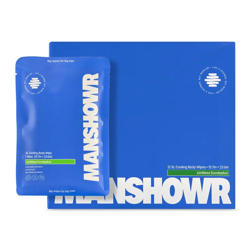 Manshowr XL Cooling Body Wipes (23inx16in) - Limitless Eucalyptus - 1 Box (12 Wipes) - Big Wipes For Big Men.