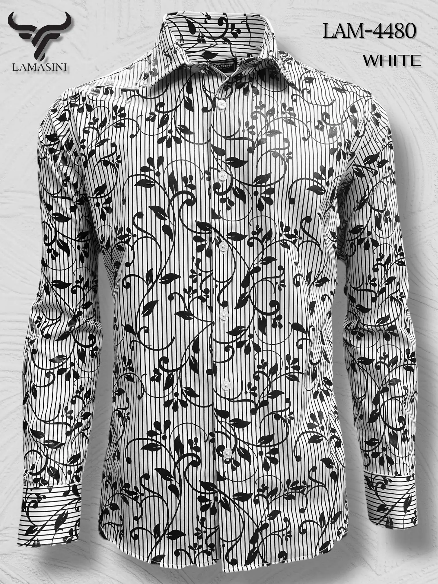LAMASINI Men's MT4480 LAM-4480 WHITE Floral Striped Long Sleeve Shirt for Casual Wear & Layering
