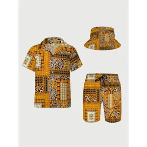 3pcs Mens Hawaiian Shirt And Shorts Bucket Hat Set, Golden Luxury Leopard Baroque Pattern, Soft Fabric Breathable Shirt, Button- Short Sleeve Casual Beach Shirt with Straw Hat Set