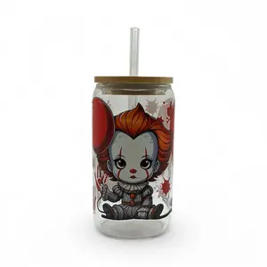 Baby Pennywise 16 oz Glass Tumbler with Bamboo Lid and Glass Straw Featuring Iconic Character Design
