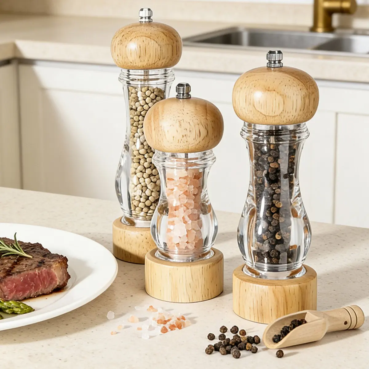 Acrylic Pepper Grinder, Wooden Manual Creative Transparent Pepper Mill, Sichuan Pepper Powder Salt Grinder, Spice Bottle