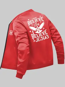 Men's Regular Fit Letter & Eagle Print Zip Up Jacket, Casual Long Sleeve Pocket Outerwear for Daily Wear, Fashion Men's Clothes for All Seasons