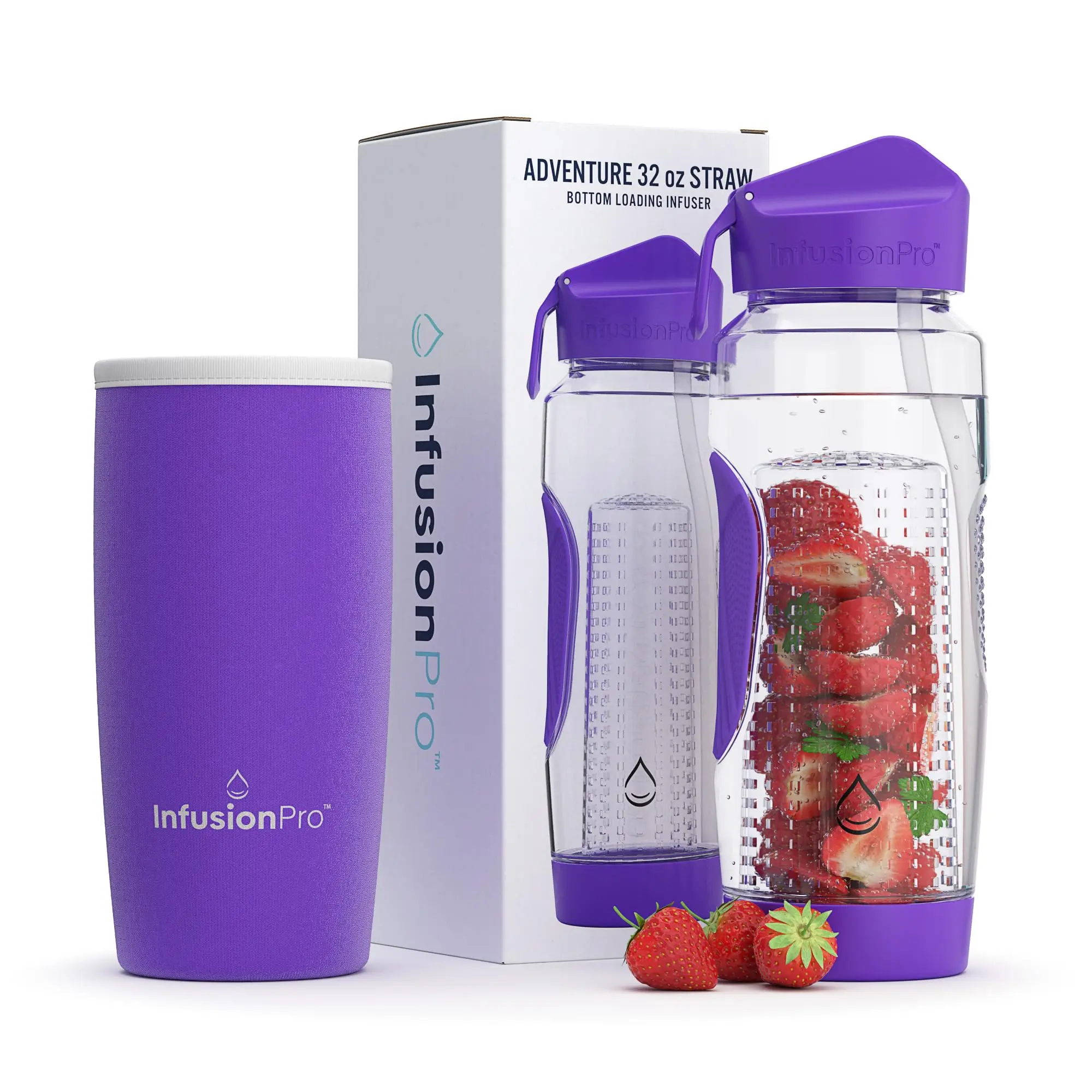 Infusion Pro 32 oz Fruit Infuser Water Bottle with Straw Lid : Insulated Sleeve : 50 Recipe Fruit Infusion eBook : Bottom Loading, Large Water Infuser for More Flavor : Unique Gift Idea