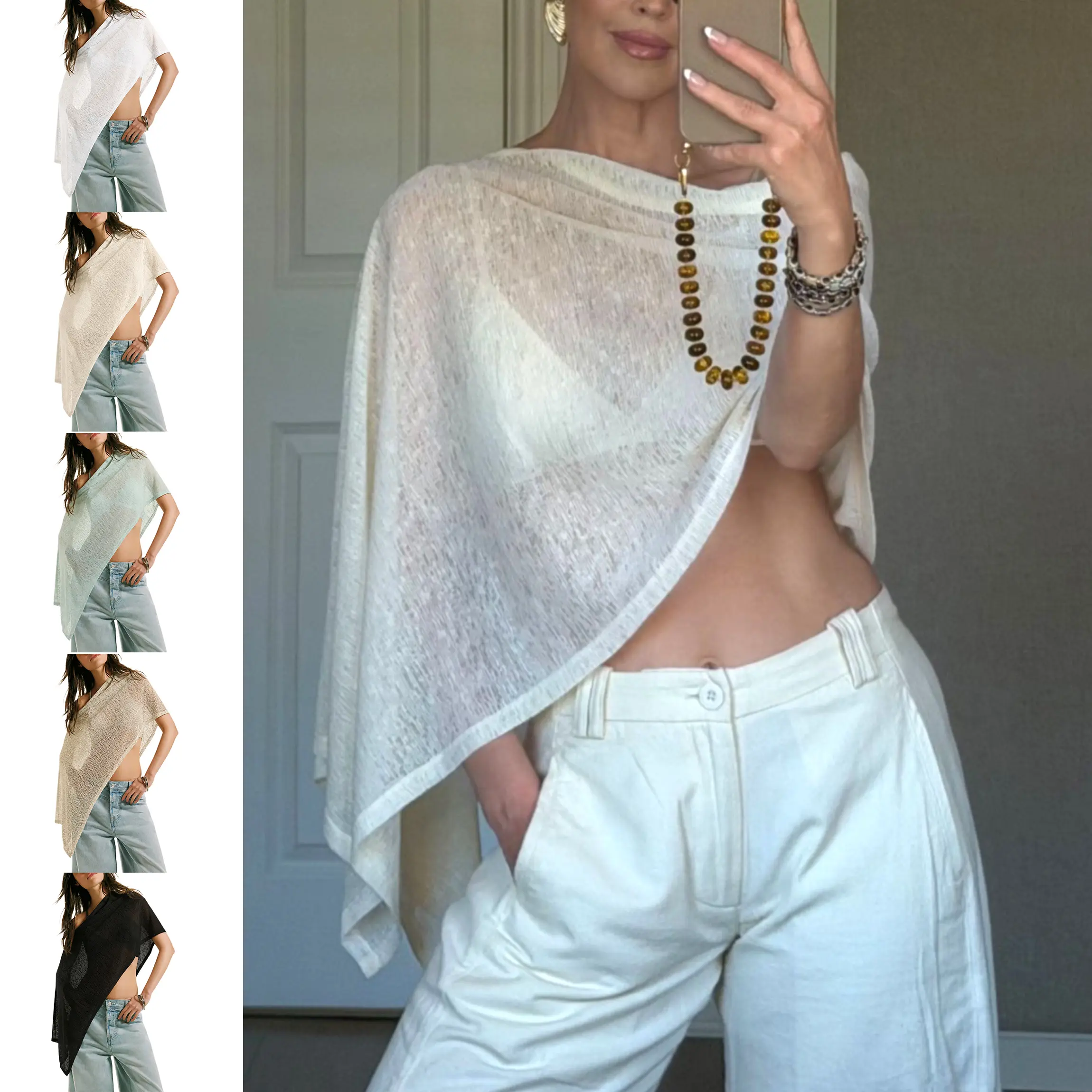 Buenoble Women’s Sheer Knit Poncho Cover Up Top, Boho Asymmetrical Beach Crochet Shirt, Lightweight Summer Layering Blouse