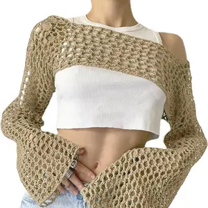 Women's Mesh Crochet Crop Tops Shrugs Sexy Y2k Hollow Out Cropped Knit Sweater See Through Bikini Cover Ups