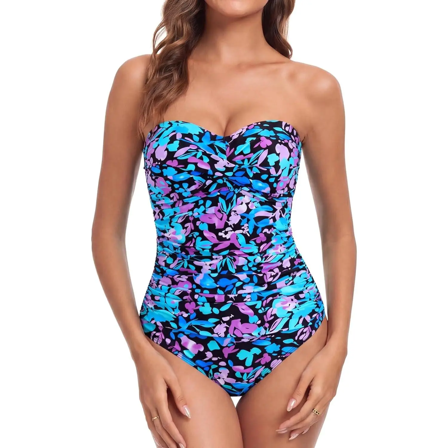Women's Tummy Control One Piece Swimsuit Strapless Bathing Suits | Bandeau,Twist Front,Ruched,Slimming,Adjustable and Removable Straps,Full Coverage,Molded Cups,Push Up,Modest,Beach,Vacation