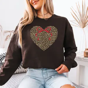 Leopard Heart Sweatshirt Red Bow Graphic Crewneck