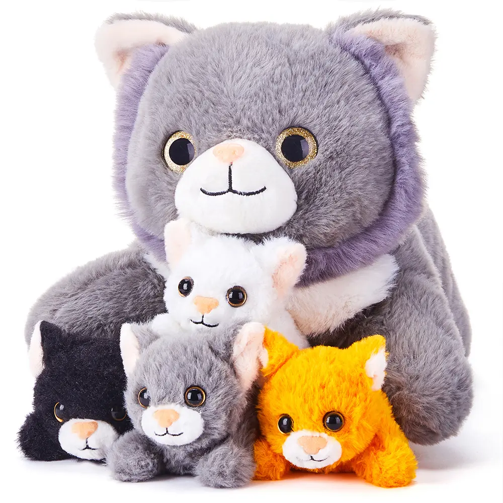 IKASA British Shorthair Cat Stuffed Animal, 16'' Mom with 4 Babies, Soft Plush Toy