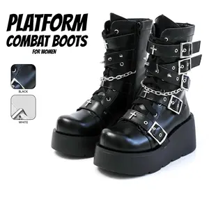 Womens Gothic Punk Platfrom Boots Adjustable Metal Chains Buckle Cross Details Studded Ankle Boot Round Toe Lace Up Chunky Sole Side Zipper Easy Pull on Party Rave Concert Casual Motercycle Combat Trendy Dressy Shoes