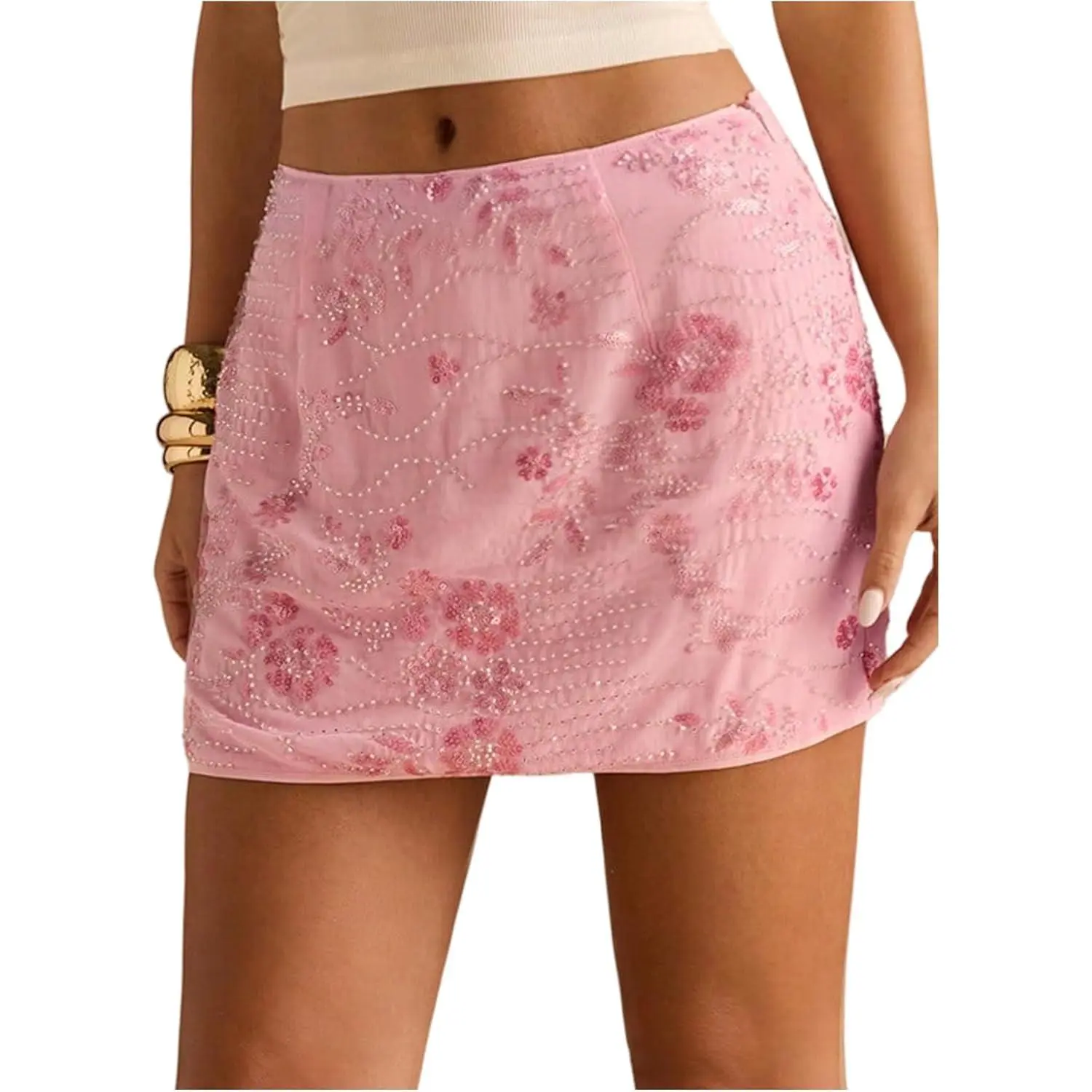 Women's Sparkly Sequin Mini Skirt Floral Embroidery Y2k Party Club Going Out Summer Skirt
