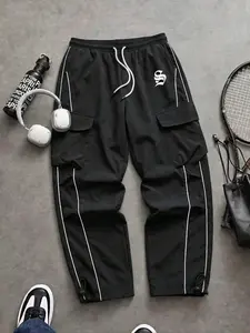 Men's Work Pants with Print, Multiple Pockets, Drawstring Waist, Elastic Ankles, Fashionable Style, Ideal for Casual Outings