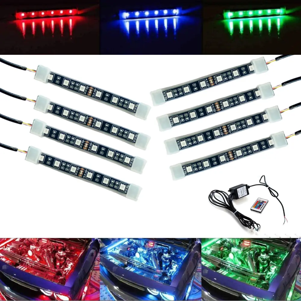 AkiHalo 8 pcs Engine Bay RGB LED Lighting Kit with Remote Control, 4 pc 12" Under Hood LED Light Strips, Multi Color Mode, Exterior Neon Accent Lights for Car Truck RV SUV