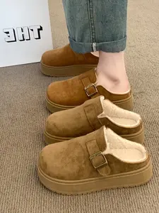 Women's Thick Sole Plush Lined Retro Slippers, Platform Clogs, Fashionable Versatile Comfort Anti-Slip Outdoor Shoes, Stylish Women's Footwear