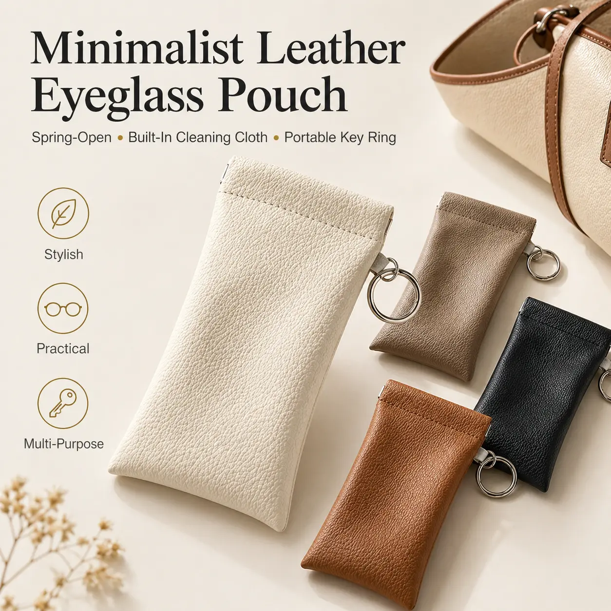 Soft PU Leather Sunglasses Pouch Elastic Opening Eyeglasses Bag, Portable Anti-Scratch Glasses Storage Case With Built-in Cleaning Cloth And Keychain, Minimalist Lightweight Protective Sleeve For Daily Travel Outdoor Women Men Accessories
