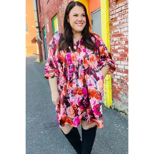 Diva Dreams Coral & Charcoal Floral Tie Neck Pintuck Satin Dress with Side Pockets & Pintuck Details 100% Polyester Made in China