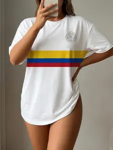 Women's Retro Colombia Stripe Graphic Jersey, Sporty Style Loose Fit Soccer Tee, Ideal for Match Day & Casual Wear