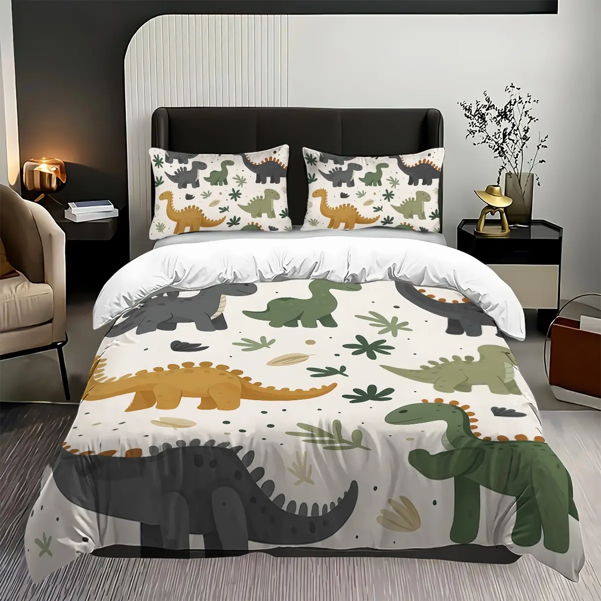 3-piece dinosaur printed bedspread set (1 bedspread + 2 pillowcases, not including the core), soft and comfortable bedding, suitable for bedroom, dormitory, guest room and home decoration, Bedding Sets