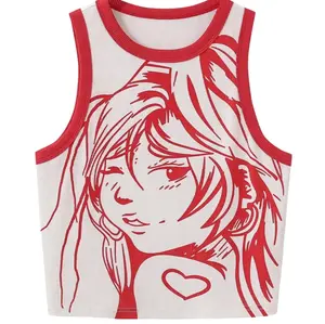 Anime Print Crew Neck Tank Top, Sleeveless Slim Crop Top For Spring & Summer, Women's Clothing Size: M