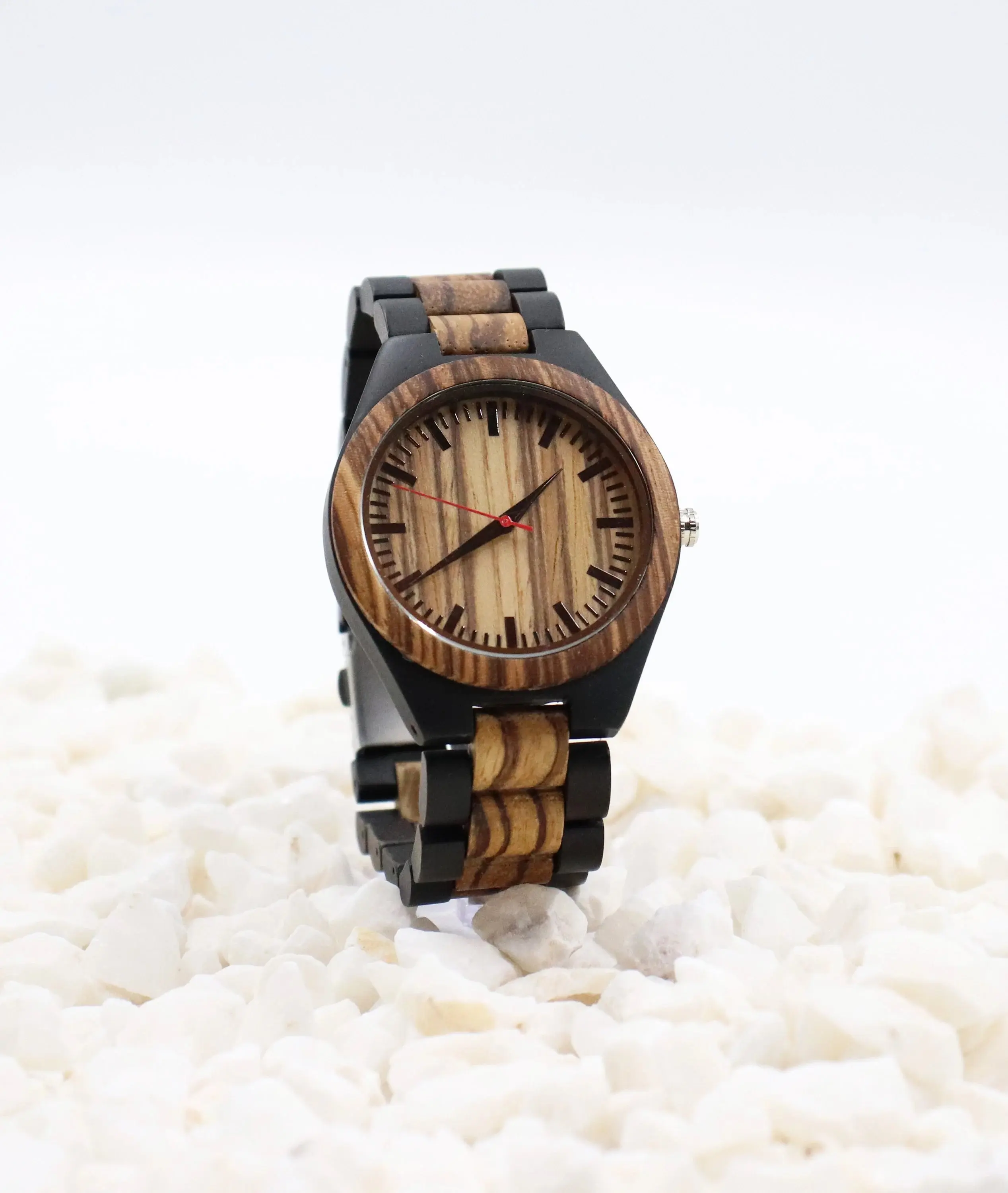 Black Metal & Zebra Wood Watch by Terrain Natural Quartz - Wooden Wrist Watches - Groomsmen Gifts Outdoor Camping Hiking Free Engraving