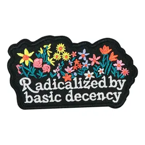 Radicalized by Basic Decency Embroidered Patch, Geometric Embroidery Design, Back Adhesive Iron-On, Suitable for Clothes Jackets Hats Accessories, 1 Piece