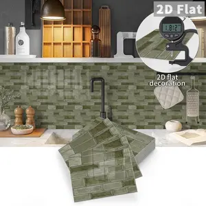 10PCS/Box PE Crystal Foam Tile Stickers (Color Box), GST Olive Green Stone Long Strip Mosaic, Waterproof Oil-Proof Anti-Collision Tile Stickers for Kitchen, Bathroom, Ceiling, Tiles, Old Wood Board Home Decor