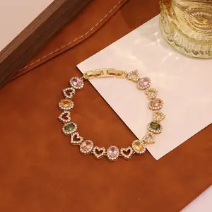Green Emerald/Red/Colorful Tennis Bracelets,Women's 16K Gold Plated Platinum Link Chain Diamond Cut Simulated Gem Crystal Bracelet,Resizable Length 6-8 Inches,Wedding Mothers Day Gift for Women, Design Sweet Fine Bridal Wedding Prom Jewelry for summerwins