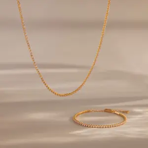 Dainty Diamond Tennis Necklace & Bracelet Set by Caitlyn Minimalist - Delicate Crystal Tennis Bracelet & Choker Necklace - Wedding Jewelry Set in 18K Gold & Silver Finish - Gift for Her