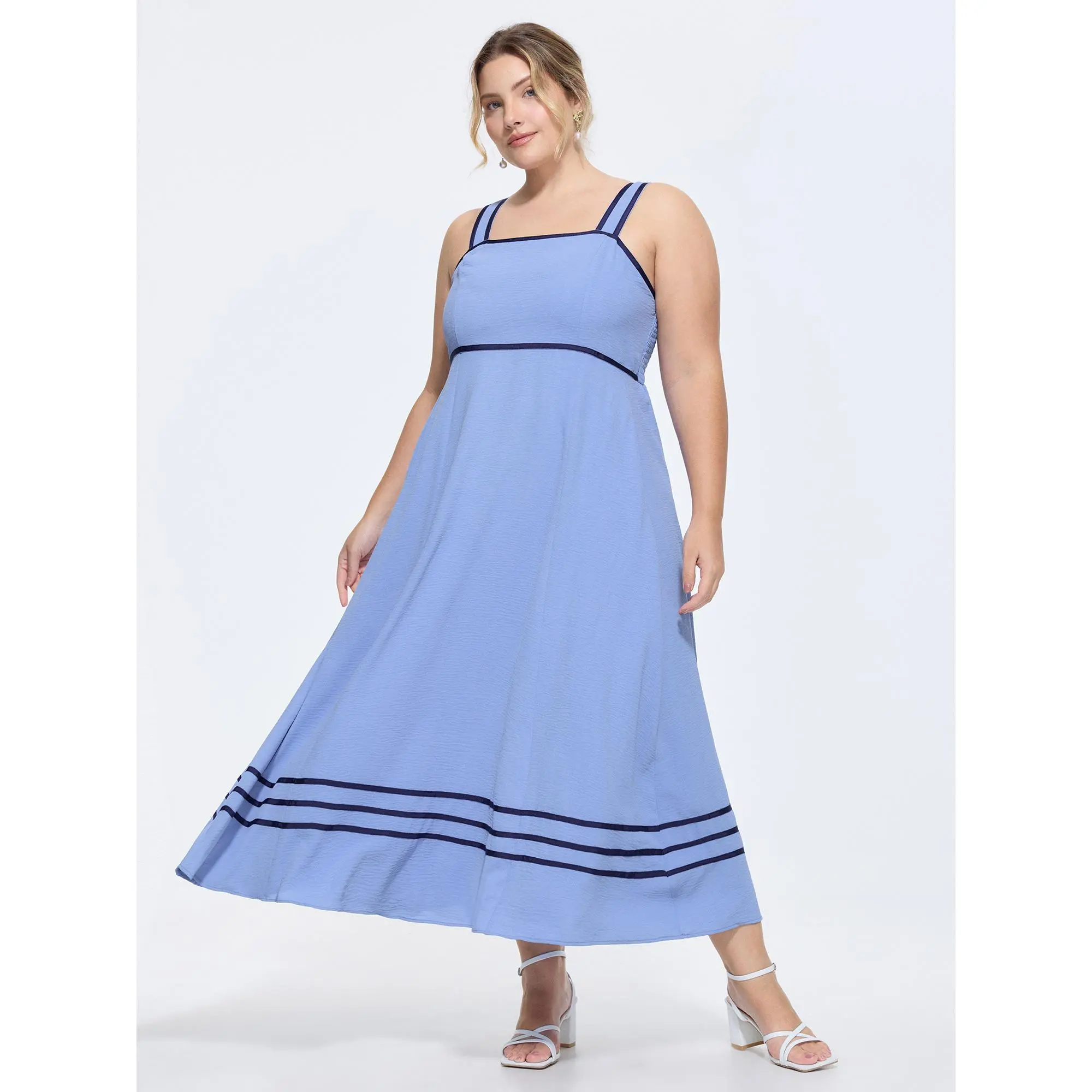 BloomChic Plus Size Women's Romantic Sleeveless Smocked Gown, Colorblock Stripe Pattern with Side Pocket, Polyester Shell, Hand Wash Cool