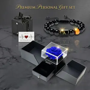 [Best Gift for Him]Personalized Mens Letter Detail Bracelet with Luxury Rose Gift Box Set Fashion Jewelry for Anniversary Birthday Valentines Day Gift Trendy All-match Daily Accessory for Boyfriend Husband Son (Exquisite Packaging)
