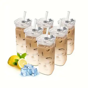 Glass Cup Set with Lid and Straw, 13oz Square Glass Cups, Reusable Ice Coffee Mug, Cute Mini Transparent Glassware for Beer Tea Cocktails Whiskey Juice, Clear Glass Cup