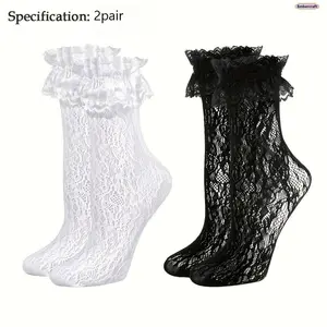 Women's 2-Pair Y2K Lace Crew Socks, Black & White Coquette Frilly Breathable Lightweight Aesthetic Knee-High/Slouch Style, Casual Spring Summer Daily Wear Balletcore Outfit Accessories