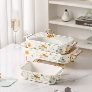 Luxury Pumpkin Pattern Ceramic Bakeware Heating Serving Dish Set with Imitation Marble Design, Stand and Glass Lid for Christmas Party, Holiday Dinner and Buffet Use