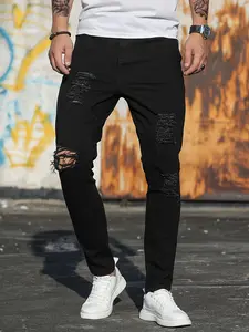 Men's slim fit jeans, elastic ripped  jeans, tight fitting small leg denim small leg pants,fashion casual comfy denim pant regular fit casual comfy button