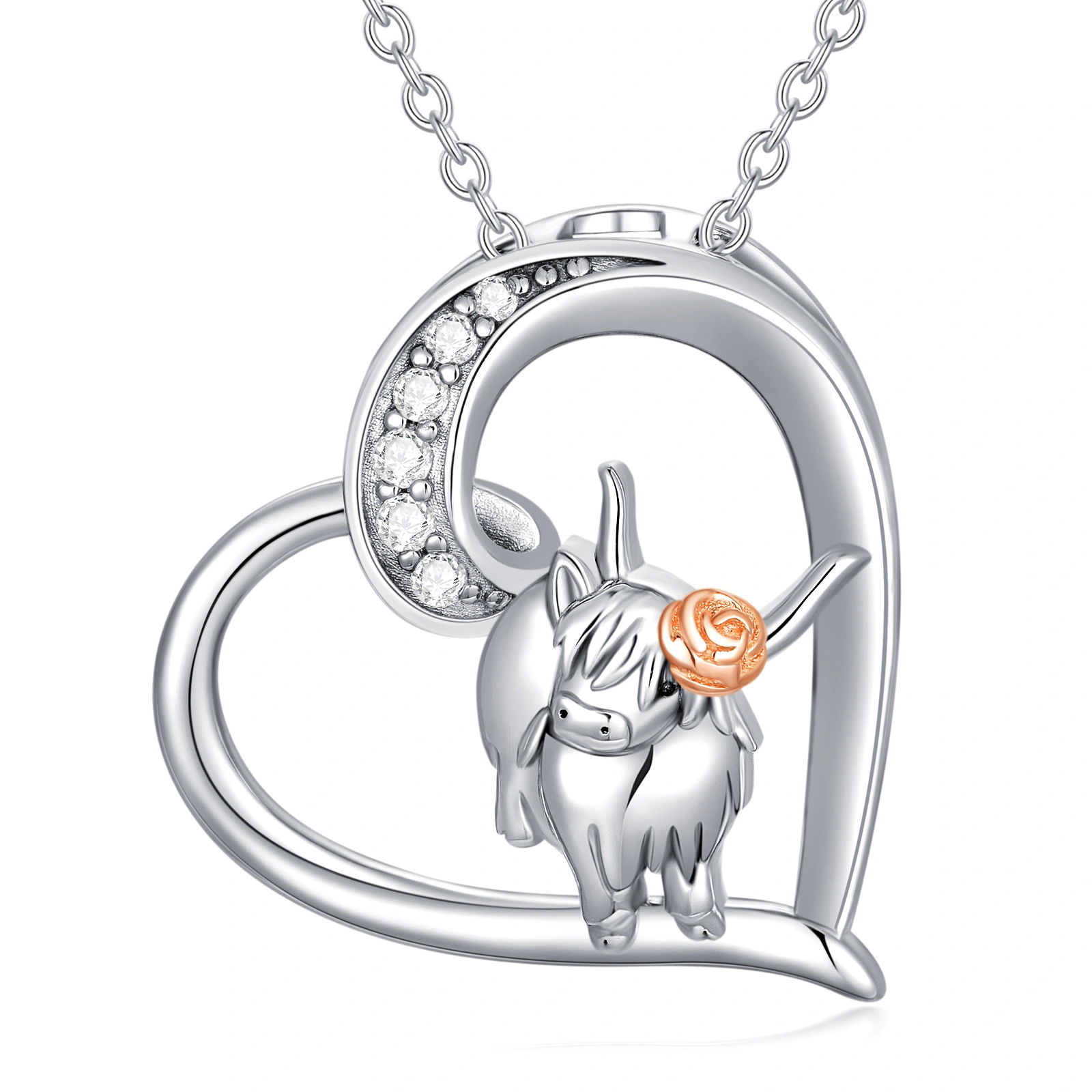S925 Sterling Silver Two tone Highland Cow Heart Pendant Necklace