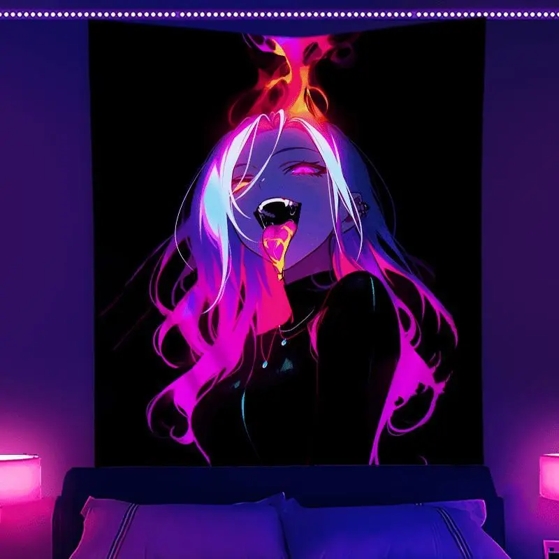 Glow In The Dark Anime Neon Tapestry, Ethereal Demoness Pattern, Blacklight-Theme UV Reactive Wall Hanging, Vibrant Luminous Room Decor, Cool Room Decoration, Ideal Festival Gift for Friends, 60x40in Home Decor Tapestry