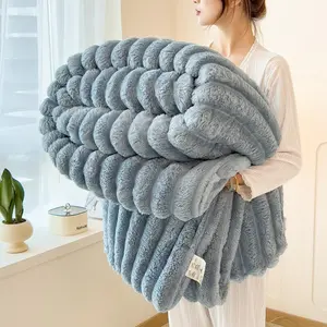 Blue Striped Rabbit Velvet Blanket, Ultra Soft Plush Fabric for Comfort and Warmth, Elegant Design for Stress Relief and Multi Size Options, Soft Cozy Throw, Soft Fluffy Blanket