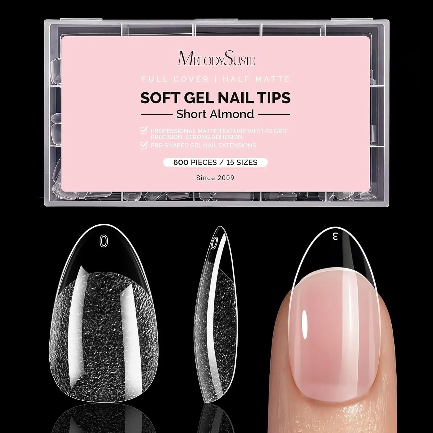 MelodySusie 600Pcs 15Sizes Clear Acrylic X Nail Tips, Half Matte Full Cover Press on Nails for DIY Extension & Salon Use, Pre-Shaped for Long-Lasting Manicure
