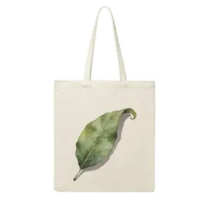 Minimalist canvas tote bag with green leaves, reusable cotton/linen tote bag, eco-friendly shopping bag, casual shoulder bag, suitable for shopping, workouts, and travel