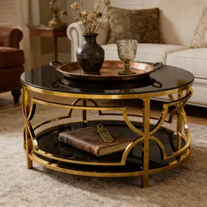 30.7" Round Tempered Glass Coffee Table, Gold Geometric Metal Frame, Lower Storage Shelf, 80lbs Capacity for Home Living Room