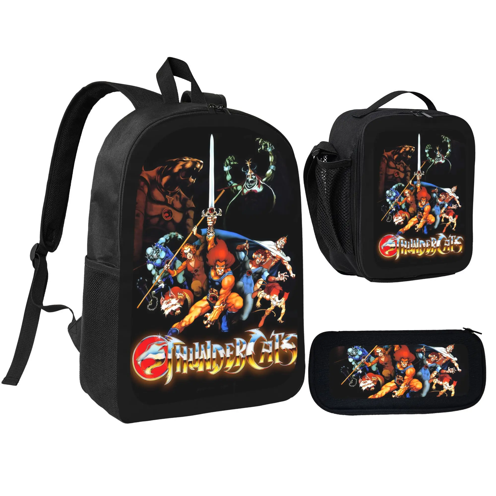 Retro 80s Thundercats Cartoon Art 3-Piece Backpack Set - Warrior Cat Graphic School Bag with Large Cap, Lunch Bag & Pencil Case, Fan Gift for High School