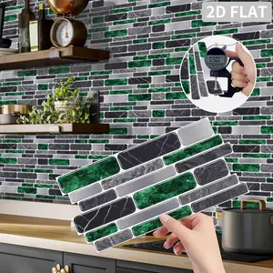 12/24/48PCS XY-HTP Emerald Marble Long Brick Peel and Stick Tile Stickers, PVC Crystal Film Waterproof Self-Adhesive Wall Decor for Kitchen & Bathroom