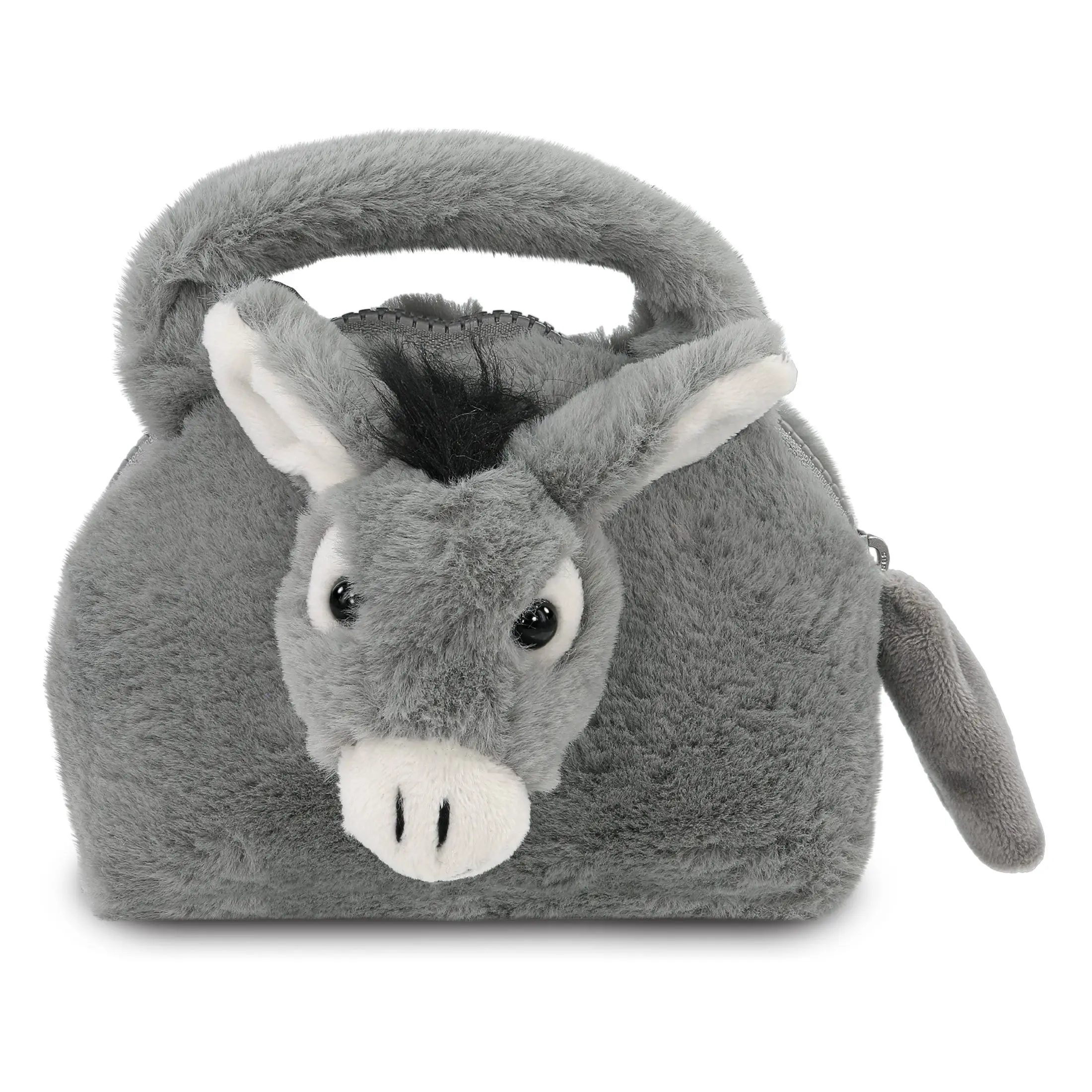 Women's Compact Farm Donkey Animal Shaped Plush Handbag - Cute Synthetic Purse with Zipper Pouch, Double-Sided Pom-Pom Zipper Pull, Durable Stitching, Safe Materials, Soft Plush, 7Lx7Wx2.5D In, Cold Wash, for School Outings, Everyday Adventures