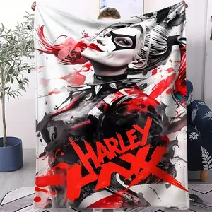 Anime Printed Flannel Sofa Blanket, Harley Quinn Themed Cozy Throw Blanket For Kids Adult Gift, Suitable For Sofa, Bedroom and Travel Use, All Seasons