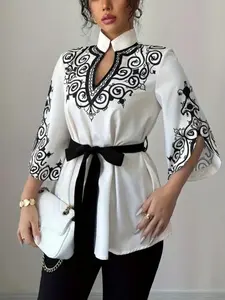 Women's Adjustable Belted Slim Fit Stand Collar Printed Top Casual Button Down Shirt Blouse, Fitted Paisley Pattern, Casual Fashion, Perfect for Daily Wear, Casual Summer Shirt