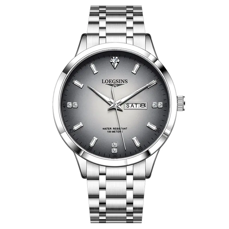 LOEGSINS official genuine men’s wristwatch, automatic mechanical movement, dual calendar function, mechanical design aesthetic, sapphire crystal watch face, stainless steel strap, and luminous water-resistant construction