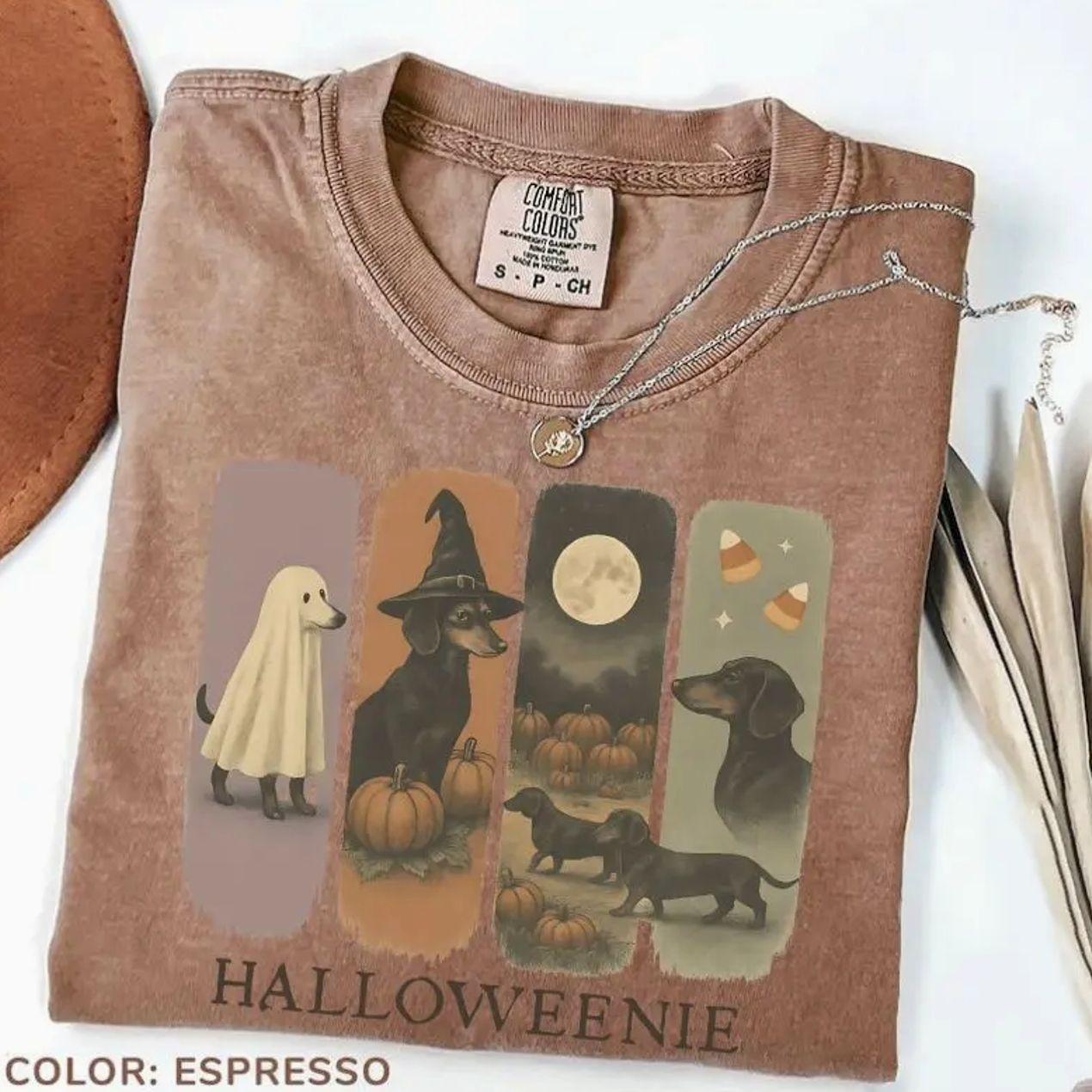 Comfort Colors Vintage Dachshund Halloween T-Shirt Retro Doxie Dog Tee Fall Spooky Season Graphic Top Cute Weiner Dog Mom Gift for Her Women Outfit trendy